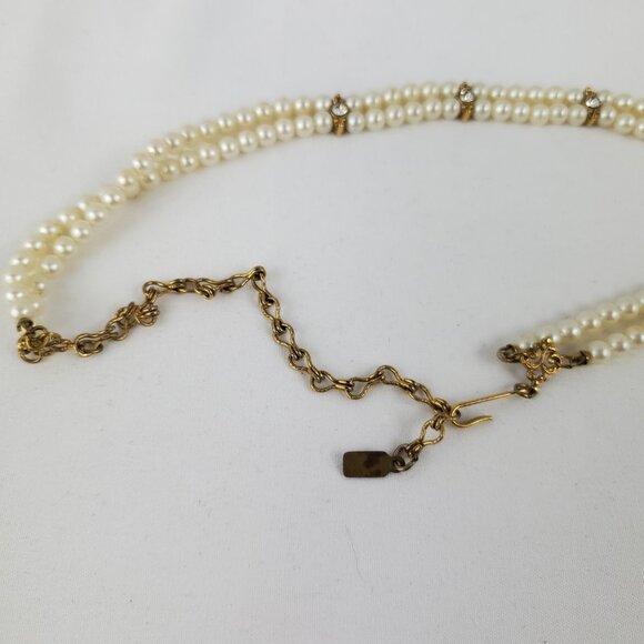 Vintage 1928 Signed Imitation Pearl Rhinestone Gold Tone Double Strand Necklace - Picture 4 of 5